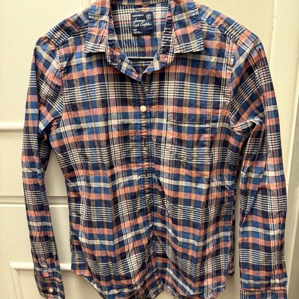 American Eagle Outfitters Blue Plaid Shirt 2/$15